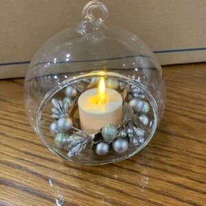 Glass Ornament with LED Candle and Silver Accents